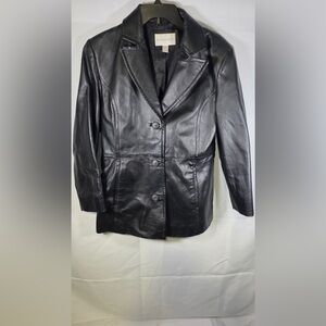 Worthington Womens Genuine Leather Jacket Black Button Up Size M RN93677